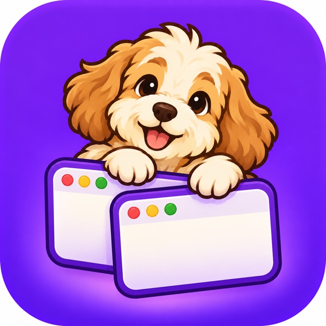 DogBar mascot: a cartoon dog holding two windows
